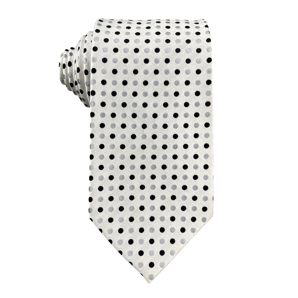 Geoffrey Beene Necktie‎ 100% Silk Designer 3.5"x 58" Silver Gray Polka Dot Tie